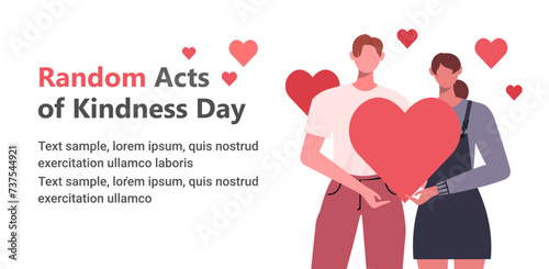 In support of Random Acts of Kindness Day, a young man and woman in casual clothes hold a red heart in the hands. Random Acts of Kindness Day. Flat vector illustration isolated on white background. 