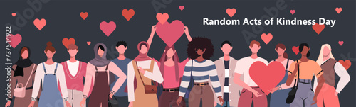 A group of young modern people with red and pink hearts celebrate the Random Acts of Kindness Day. World altruistic holiday event banner. Celebrated on February 17th. Flat vector illustration