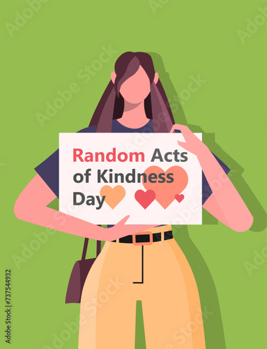 A young woman in casual clothes holds a banner in her hands with the inscription Random Acts of Kindness Day. World altruistic holiday. Flat vector illustration isolated on green background.