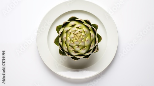 Artichoke, on a white round plate, on a white background, top view