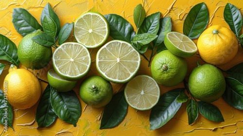a group of lemons and limes with green leaves on a yellow background with leaves on a yellow background.