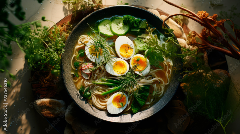 An artistic bowl of ramen, with eggs, noodles, and vegetables, under vibrant, dramatic lighting, showcases culinary excellence in a presentation that tantalizes the senses. An artistic bowl of ramen, with eggs, noodles, and vegetables, under vibrant, dramatic lighting, showcases culinary excellence in a presentation that tantalizes the senses.