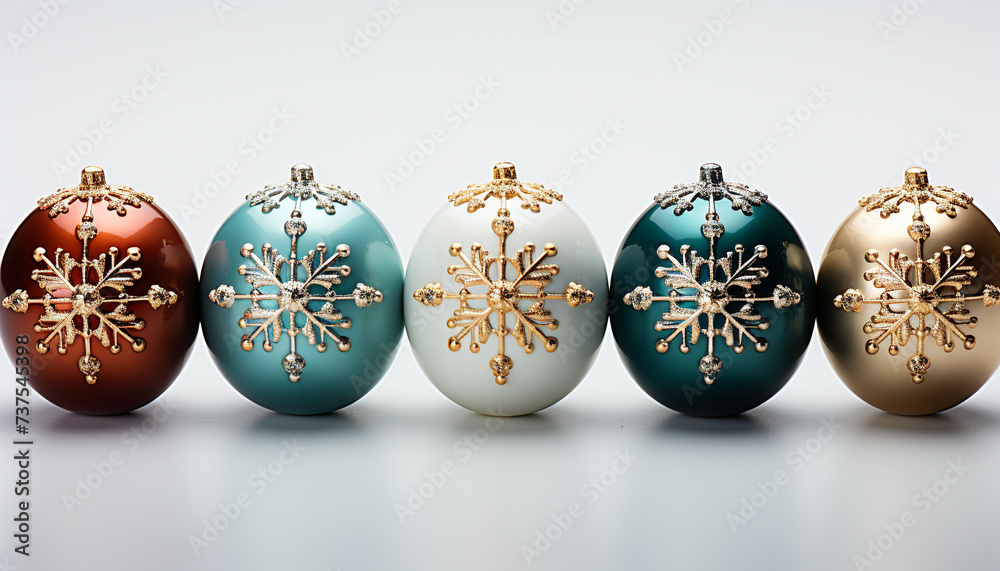 Winter celebration snowflake ornament on gold background, shiny Christmas decoration generated by AI