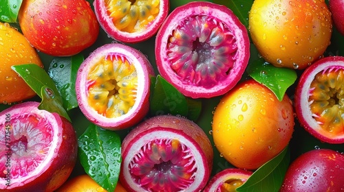 a close up of a bunch of fruit with drops of water on the inside of the fruit and on the outside of the fruit. © Shanti