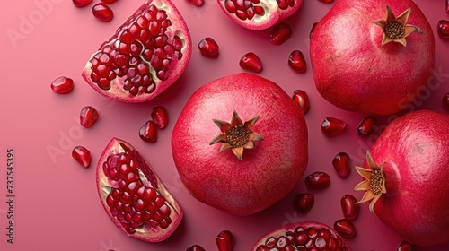 a group of pomegranates sitting on top of each other on a pink surface with a few more pomegranates.