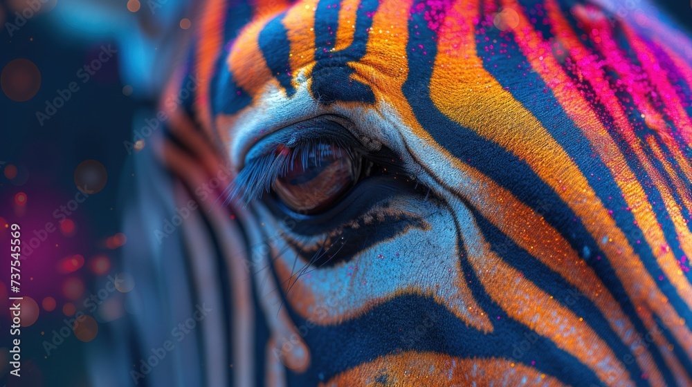 a close up of a zebra's eye with blurry lights on the back of the zebra's head. a close up of a zebra's eye with blurry lights on the back of the zebra's head.