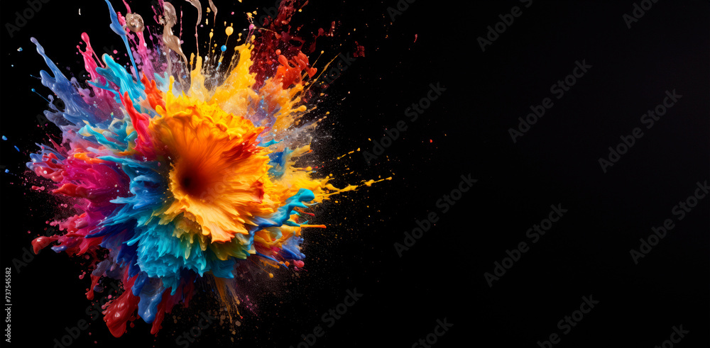 A vibrant explosion of color against a black backdrop embodies dynamic motion and creativity, showcasing abstract art's energy and the boundless imagination it inspires. A vibrant explosion of color against a black backdrop embodies dynamic motion and creativity, showcasing abstract art's energy and the boundless imagination it inspires.