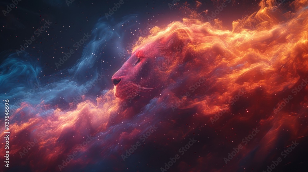 a lion's head is shown in the middle of a cloud of red and blue smoke as it appears to be in the shape of a lion's head.