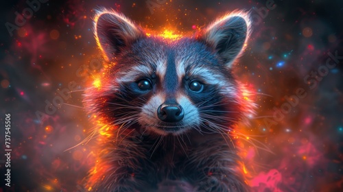 a close up of a raccoon's face with a blurry background of fire and stars in the background. © Shanti