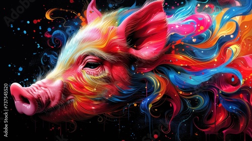 a painting of a pig's face with colorful paint splatters all over the pig's face.