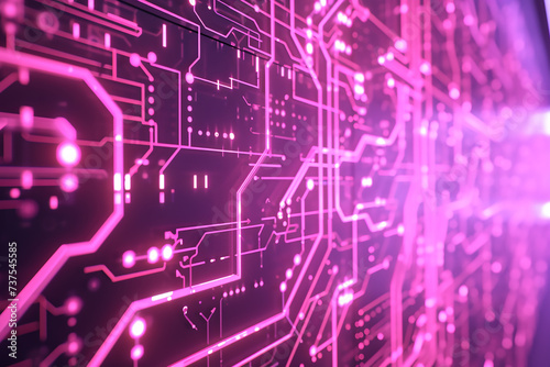 Intricate circuit board patterns sprawling across a wall, with bright neon lines and nodes, against a soft lavender background.