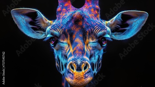 a close up of a giraffe's face with blue and orange paint on it's face. © Shanti