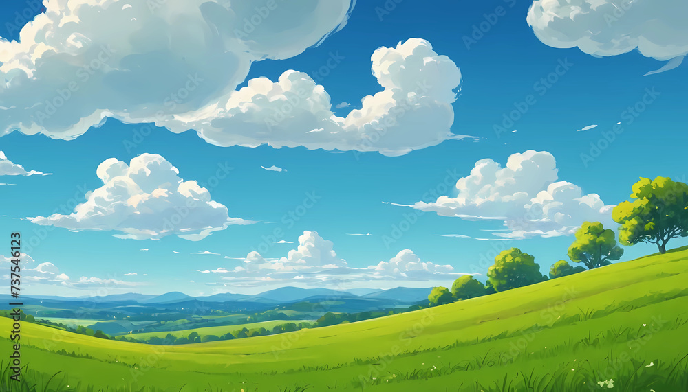 hills landscape, green grass, blue sky with clouds, flat style cartoon painting illustration. Generative AI.	