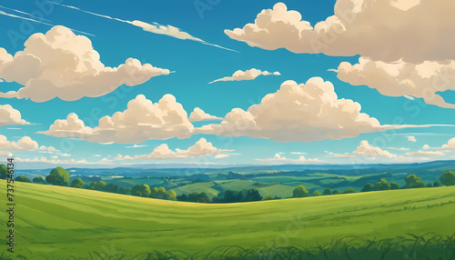 hills landscape, green grass, blue sky with clouds, flat style cartoon painting illustration. Generative AI. 