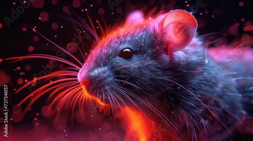 a close up of a rat on a black background with red and pink lights in the middle of the image.