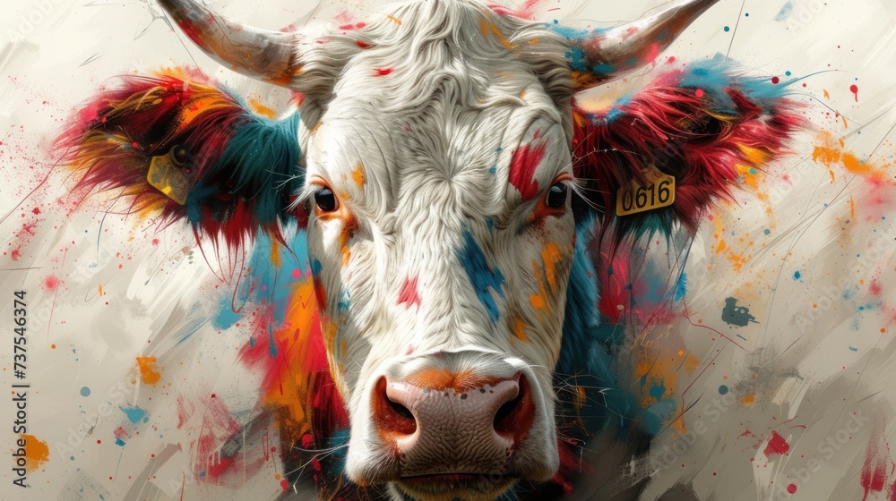a painting of a cow with colorful paint splatters all over it's face and neck, with a tag on it's ear.