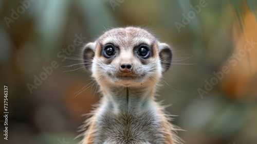a close - up of a meerkat's face looking at the camera with a blurry background.