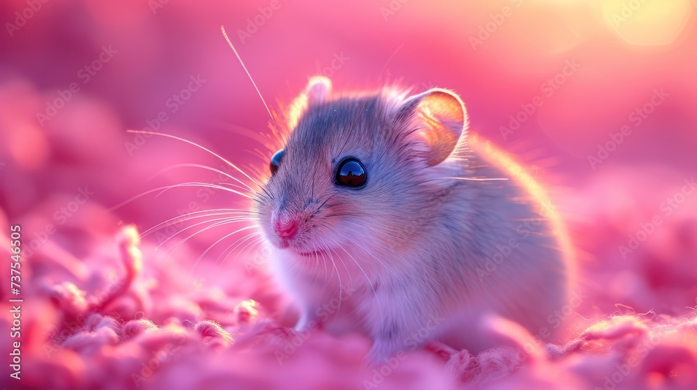 a close up of a small rodent on a bed of pink flowers with a bright light in the background. a close up of a small rodent on a bed of pink flowers with a bright light in the background.