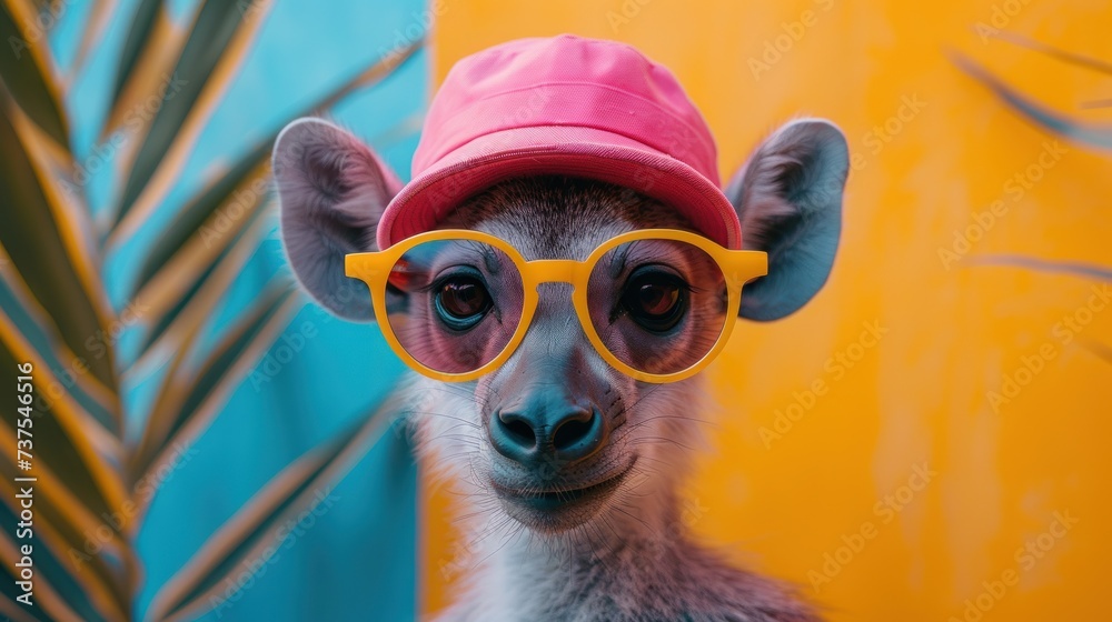 a close up of a small animal wearing a hat and wearing a pair of yellow sunglasses and a pink hat.