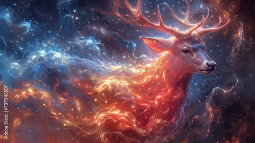 a digital painting of a deer's head with red, orange, and blue swirls in the background.