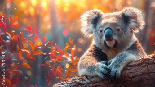 a koala sitting on top of a tree branch in front of a forest filled with red and yellow leaves.