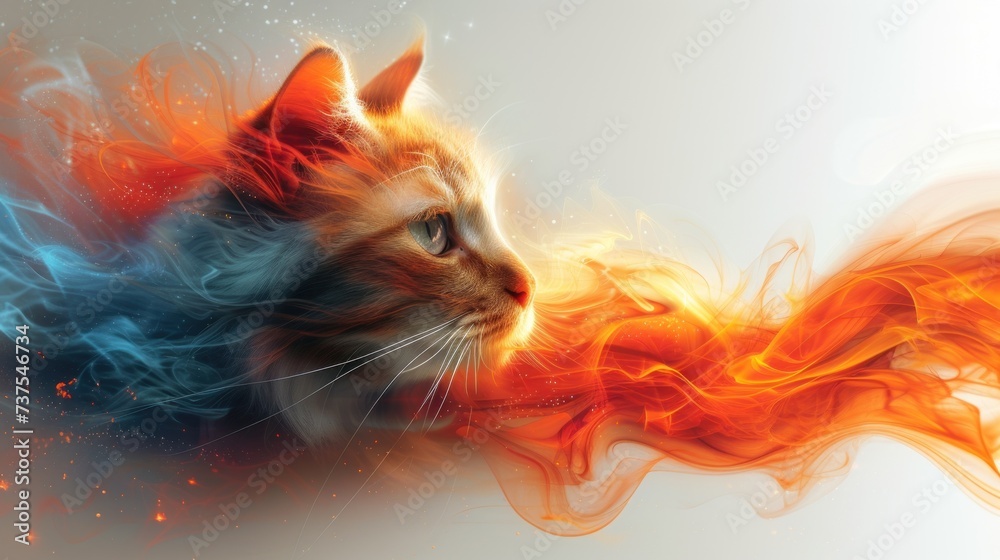 a close up of a cat with an orange and blue design on it's face and a white background.