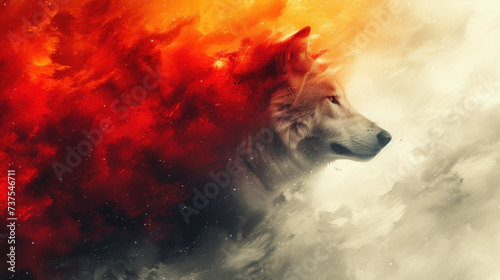 a wolf's head is shown in front of a background of red and yellow smoke and clouds in the foreground. © Shanti