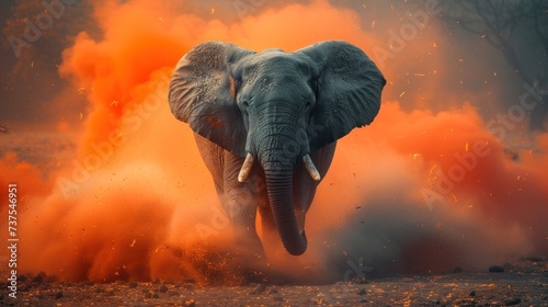 an elephant with tusks and tusks standing in a field with orange smoke coming out of it.
