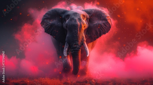 an elephant standing in the middle of a field with pink and red smoke coming out of it's back.