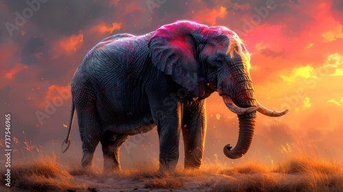 a painting of an elephant standing in a field with a sunset in the back ground and clouds in the background.