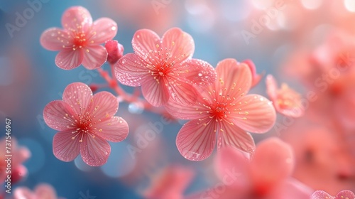 a bunch of pink flowers with drops of water on them in front of a blurry background of blue and pink.