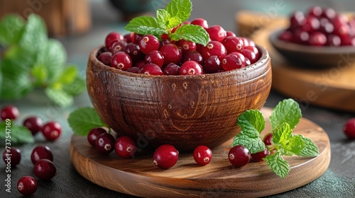 a wooden bowl filled with fresh cranberries on top of a wooden cutting board next to minty leaves.
