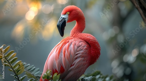 a close up of a pink bird with a black beak and a green leafy branch in front of a blurry background.