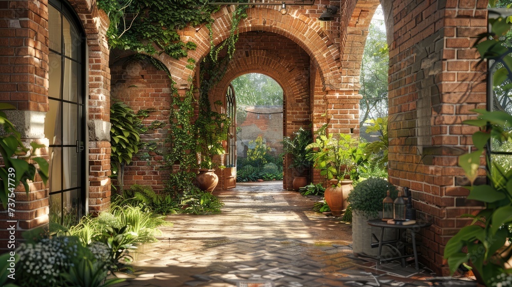 arch and brick wall of a house surrounded by greenery and various plants. These elements create a sense of place and contribute to the overall aesthetic.