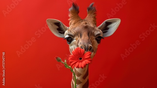 a close up of a giraffe with a flower in its mouth and a red wall in the background.