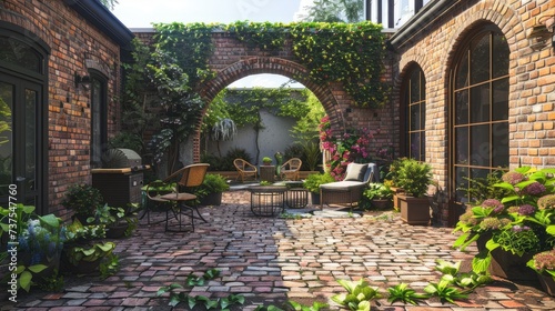 arch and brick wall of a house surrounded by greenery and various plants. These elements create a sense of place and contribute to the overall aesthetic. © Светлана Канунникова
