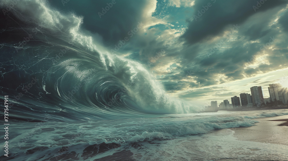 Huge tsunami wave in the ocean heading towards a city during a storm - obrazy, fototapety, plakaty 