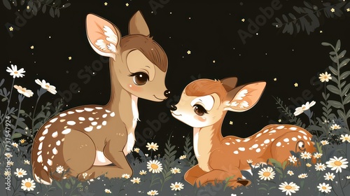 a couple of deer sitting next to each other on top of a field of wildflowers and daisies. © Shanti