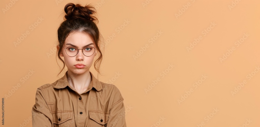 Confident freelancer woman with glasses wearing khaki shirt stands with crossed arms in front of beige background