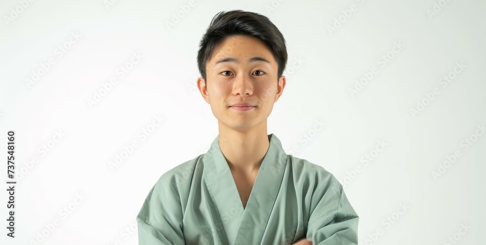 Confident young Asian engineer arms crossed facing the camera in a light green robe white background Confident young Asian engineer arms crossed facing the camera in a light green robe white background