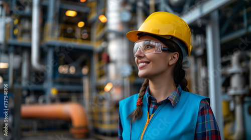 Portrait of an oil refinery engineer. Dressed in a construction helmet and a blue vest