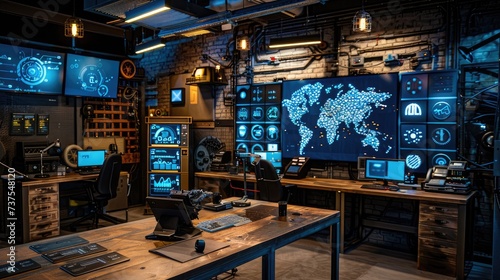 The props and setting accurately represent the central cyber control and monitoring office. Authentic equipment, monitors and technology interfaces to convey realism.