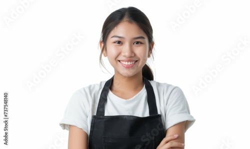 Confident Asian maid with a beautiful smile isolated on white background representing Cleaning Service photo