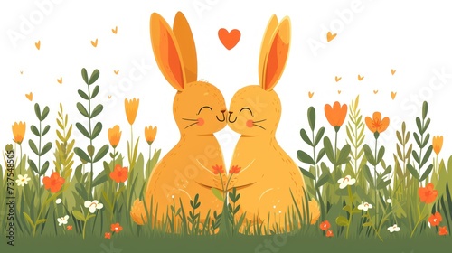 a couple of bunnies sitting next to each other on top of a lush green field with flowers and hearts.
