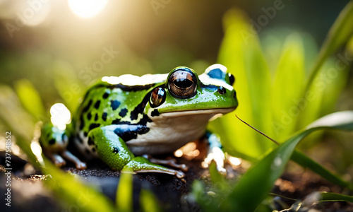 A green frog with striking orange eyes and black pupils. The frog is sitting on a surface, its body is bright green and its underbelly is pale.  © Tetyana Pavlovna