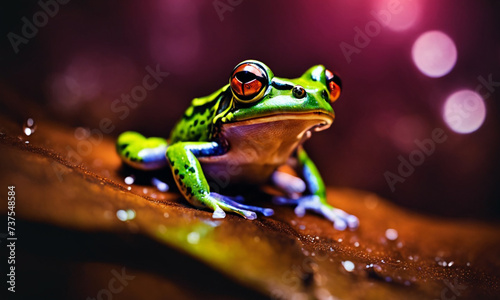 A green frog with striking orange eyes and black pupils. The frog is sitting on a surface, its body is bright green and its underbelly is pale. 