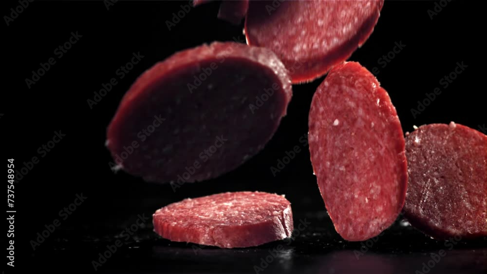 Sliced salami falls on black background. Filmed on a high-speed camera at 1000 fps. High quality FullHD footage Sliced salami falls on black background. Filmed on a high-speed camera at 1000 fps. High quality FullHD footage