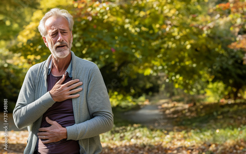 Under natural light, a senior man with his hand on his chest and a pained expression hints at underlying health problems, reflecting concern and the fragility of health.