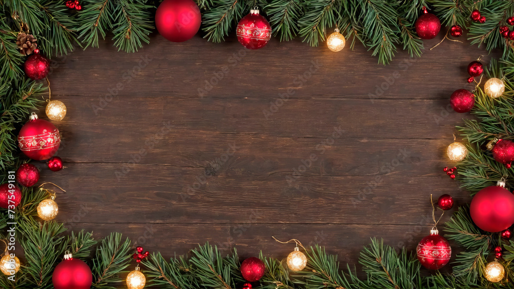 Festive Christmas frame with pine branches and red baubles on a wooden background, designed with ample space for text, perfect for holiday wishes or ads. Festive Christmas frame with pine branches and red baubles on a wooden background, designed with ample space for text, perfect for holiday wishes or ads.