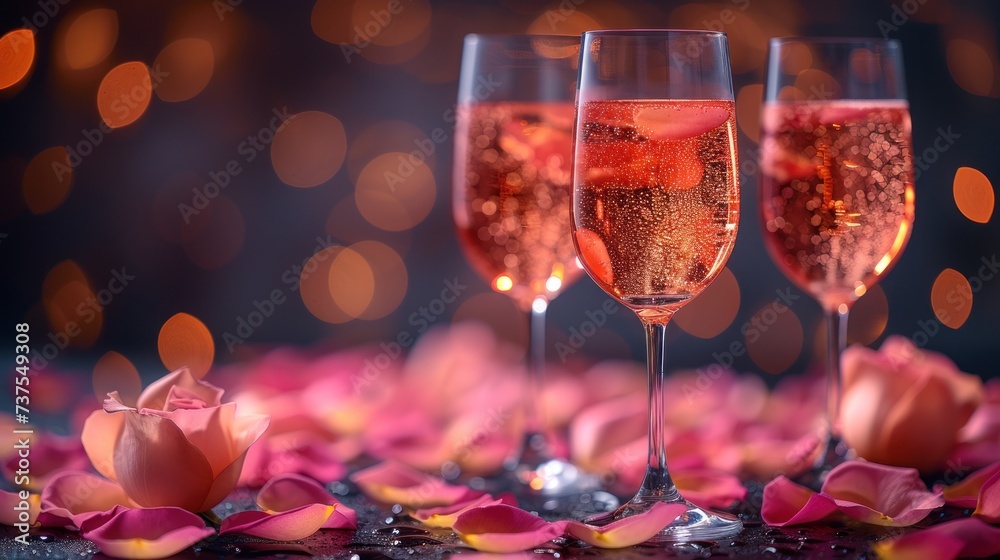 three glasses of champagne sitting next to each other on a table with petals on the ground and lights in the background. three glasses of champagne sitting next to each other on a table with petals on the ground and lights in the background.
